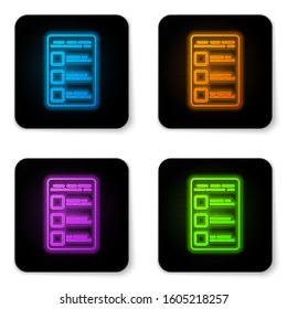 Glowing neon Create account screen on mobile phone icon isolated on white background. Black square button. Vector Illustration