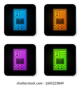 Glowing neon Create account screen icon isolated on white background. Black square button. Vector Illustration