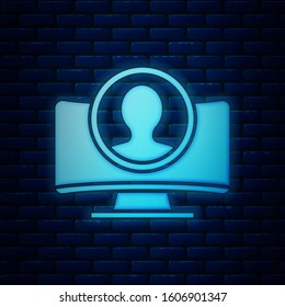 Glowing neon Create account screen icon isolated on brick wall background.  Vector Illustration