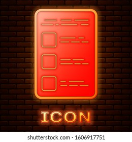 Glowing neon Create account screen on mobile phone icon isolated on brick wall background.  Vector Illustration