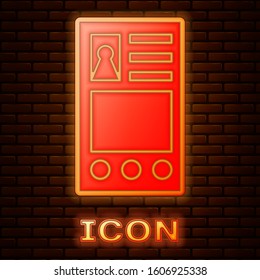 Glowing neon Create account screen icon isolated on brick wall background.  Vector Illustration