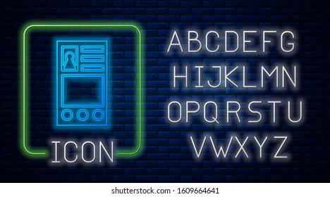 Glowing neon Create account screen icon isolated on brick wall background. Neon light alphabet. Vector Illustration