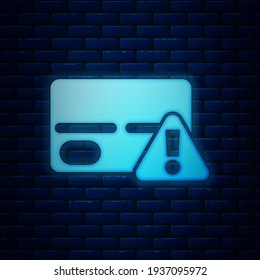 Glowing neon Credit card icon isolated on brick wall background. Online payment. Cash withdrawal. Financial operations. Shopping sign.  Vector