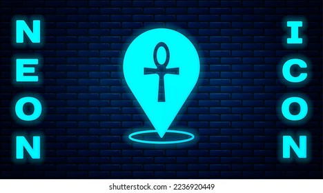 Glowing neon Cross ankh icon isolated on brick wall background. Egyptian word for life or symbol of immortality.  Vector