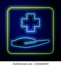 Glowing neon Cross hospital medical icon isolated on blue background. First aid. Diagnostics symbol. Medicine and pharmacy sign.  Vector Illustration