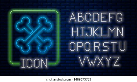 Glowing neon Crossed bones icon isolated on brick wall background. Pets food symbol. Neon light alphabet. Vector Illustration