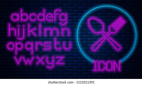 Glowing neon Crossed fork and spoon icon isolated on brick wall background. Cooking utensil. Cutlery sign. Neon light alphabet. Vector Illustration
