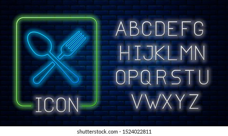 Glowing neon Crossed fork and spoon icon isolated on brick wall background. Cooking utensil. Cutlery sign. Neon light alphabet. Vector Illustration