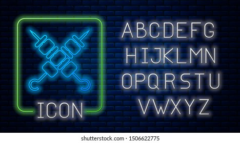 Glowing neon Crossed grilled shish kebab on skewers stick icon isolated on brick wall background. Meat kebab on skewers stick. Picnic with grill meat. Neon light alphabet. Vector Illustration