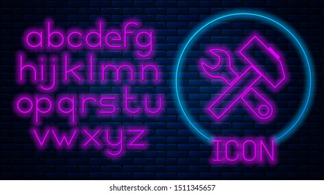 Glowing neon Crossed hammer and wrench icon isolated on brick wall background. Hardware tools. Neon light alphabet. Vector Illustration