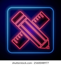 Glowing neon Crossed ruler and pencil icon isolated on blue background. Straightedge symbol. Drawing and educational tools.  Vector