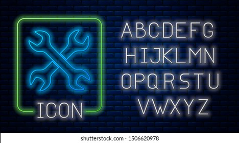 Glowing neon Crossed wrenchs icon isolated on brick wall background. Spanner repair tool. Service tool symbol. Neon light alphabet. Vector Illustration