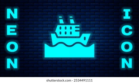 Glowing neon Cruise ship in ocean icon isolated on brick wall background. Cruising the world.  Vector