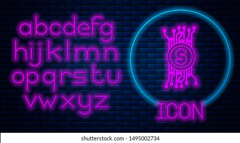 Glowing neon Cryptocurrency bitcoin in circle with microchip circuit icon isolated on brick wall background. Blockchain technology, digital money market. Neon light alphabet. Vector Illustration