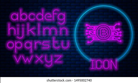 Glowing neon Cryptocurrency bitcoin in circle with microchip circuit icon isolated on brick wall background. Blockchain technology, digital money market. Neon light alphabet. Vector Illustration