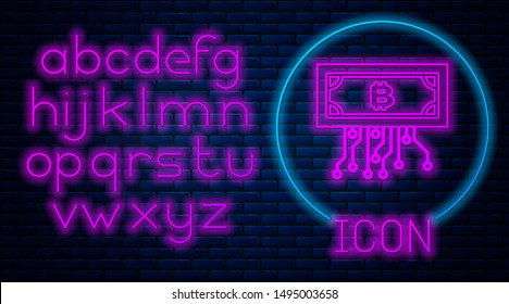 Glowing neon Cryptocurrency bitcoin in circle with microchip circuit icon isolated on brick wall background. Blockchain technology, digital money market. Neon light alphabet. Vector Illustration