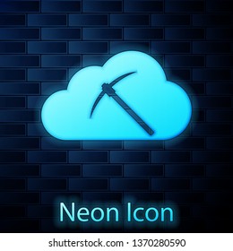 Glowing neon Cryptocurrency cloud mining icon isolated on brick wall background. Cloud with pickaxe, bitcoin, altcoins, digital money market, cryptocoin wallet. Vector Illustration