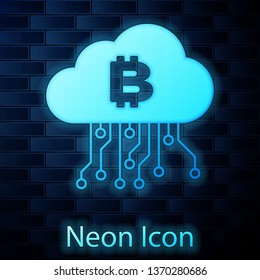 Glowing neon Cryptocurrency cloud mining icon isolated on brick wall background. Blockchain technology, bitcoin, digital money market, cryptocoin wallet. Vector Illustration