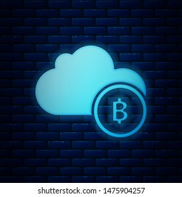 Glowing neon Cryptocurrency cloud mining icon isolated on brick wall background. Blockchain technology, bitcoin, digital money market, cryptocoin wallet.  Vector Illustration