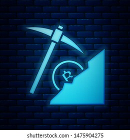 Glowing neon Cryptocurrency cloud mining icon isolated on brick wall background. Cloud with pickaxe, bitcoin, digital money market, cryptocoin wallet.  Vector Illustration