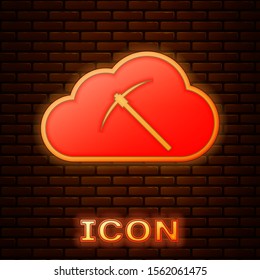 Glowing neon Cryptocurrency cloud mining icon isolated on brick wall background. Cloud with pickaxe, bitcoin, digital money market, cryptocoin wallet.  Vector Illustration