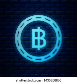 Glowing neon Cryptocurrency coin Bitcoin icon isolated on brick wall background. Blockchain technology, bitcoin, digital money market, cryptocoin wallet.  Vector Illustration
