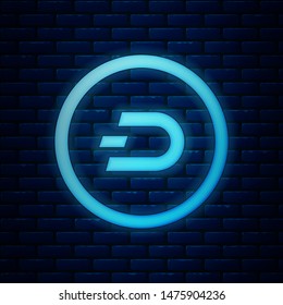 Glowing neon Cryptocurrency coin Dash icon isolated on brick wall background. Digital currency. Altcoin symbol. Blockchain based secure crypto currency.  Vector Illustration
