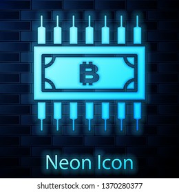 Glowing neon Cryptocurrency concept bitcoin in circle with microchip circuit icon isolated on brick wall background. Blockchain technology, digital money market. Vector Illustration