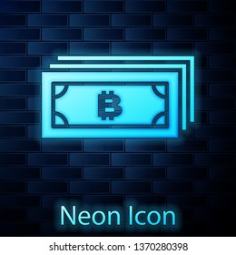 Glowing neon Cryptocurrency concept bitcoin in circle with microchip circuit icon isolated on brick wall background. Blockchain technology, digital money market. Vector Illustration