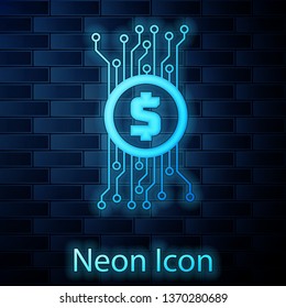 Glowing neon Cryptocurrency concept bitcoin in circle with microchip circuit icon isolated on brick wall background. Blockchain technology, digital money market. Vector Illustration