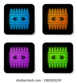 Glowing neon Cryptocurrency concept bitcoin in circle with microchip circuit icon isolated on white background. Blockchain technology, digital money market. Black square button. Vector Illustration