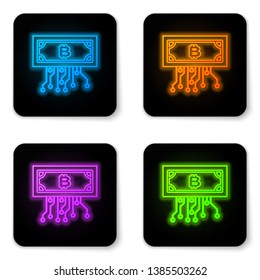 Glowing neon Cryptocurrency concept bitcoin in circle with microchip circuit icon isolated on white background. Blockchain technology, digital money market. Black square button. Vector Illustration