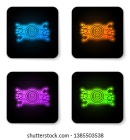 Glowing neon Cryptocurrency concept bitcoin in circle with microchip circuit icon isolated on white background. Blockchain technology, digital money market. Black square button. Vector Illustration