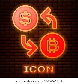Glowing neon Cryptocurrency exchange icon isolated on brick wall background. Bitcoin to dollar exchange icon. Cryptocurrency technology, mobile banking.  Vector Illustration