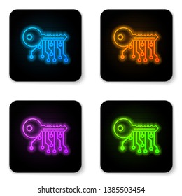 Glowing neon Cryptocurrency key icon isolated on white background. Concept of cyber security or private key, digital key with technology interface. Black square button. Vector Illustration