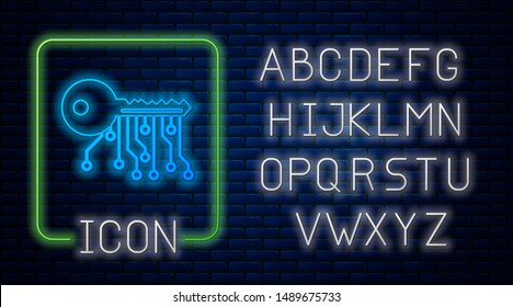 Glowing neon Cryptocurrency key icon isolated on brick wall background. Concept of cyber security or private key, digital key with technology interface. Neon light alphabet. Vector Illustration