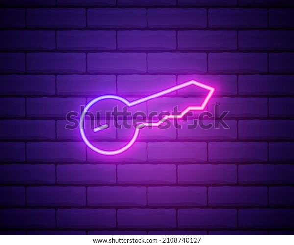 Glowing neon Cryptocurrency\
key icon isolated on brick wall background. Concept of cyber\
security or private key, digital key with technology interface.\
Vector.