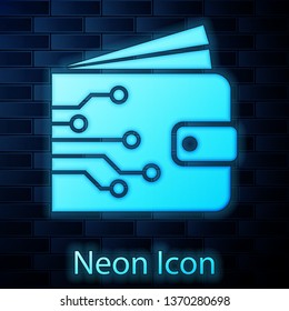 Glowing neon Cryptocurrency wallet icon isolated on brick wall background. Wallet and bitcoin sign. Mining concept. Money, payment, cash, pay icon. Vector Illustration