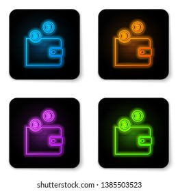 Glowing neon Cryptocurrency wallet icon isolated on white background. Wallet and bitcoin sign. Mining concept. Money, payment, cash, pay icon. Black square button. Vector Illustration