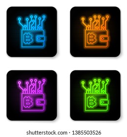 Glowing neon Cryptocurrency wallet icon isolated on white background. Wallet and bitcoin sign. Mining concept. Money, payment, cash, pay icon. Black square button. Vector Illustration