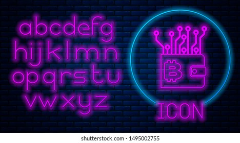 Glowing neon Cryptocurrency wallet icon isolated on brick wall background. Wallet and bitcoin sign. Mining concept. Money, payment, cash, pay icon. Neon light alphabet. Vector Illustration