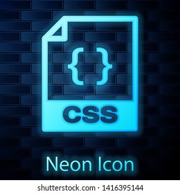 Glowing neon CSS file document icon. Download css button icon isolated on brick wall background. CSS file symbol. Vector Illustration