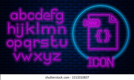 Glowing neon CSS file document. Download css button icon isolated on brick wall background. CSS file symbol. Neon light alphabet. Vector Illustration