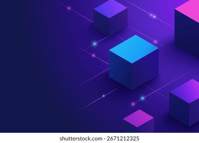 Cubos de neón brillantes en una rejilla digital con líneas punteadas. Tecnología moderna y concepto futurista