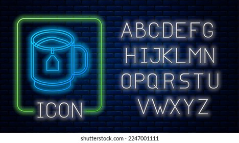 Glowing neon Cup of tea with tea bag icon isolated on brick wall background. Neon light alphabet. Vector