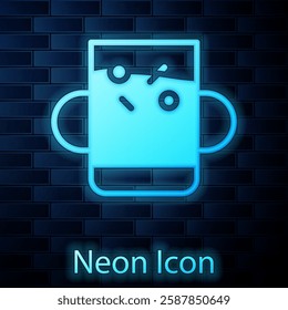 Glowing neon Cup of tea and leaf icon isolated on brick wall background.  Vector