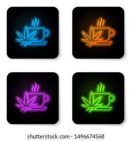Glowing neon Cup tea with marijuana or cannabis leaf icon isolated on white background. Marijuana legalization. Hemp symbol. Black square button. Vector Illustration