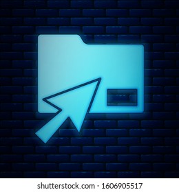 Glowing neon Cursor click document folder icon isolated on brick wall background. Accounting binder symbol. Bookkeeping management.  Vector Illustration