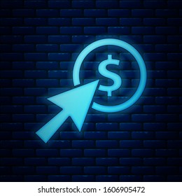 Glowing neon Cursor and coin icon isolated on brick wall background. Dollar or USD symbol. Cash Banking currency sign.  Vector Illustration