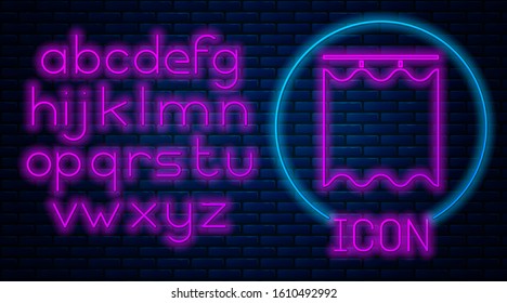 Glowing neon Curtains icon isolated on brick wall background. Neon light alphabet. Vector Illustration